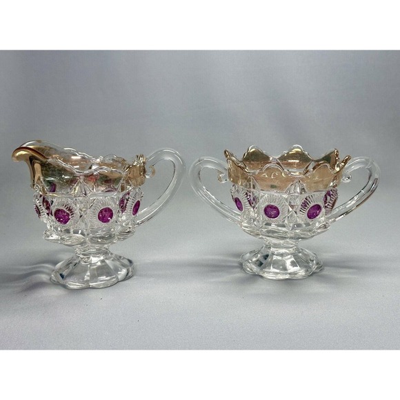 EAPG U.S. Glass Newport Bulls Eye & Daisy Gilded Ruby Stain Cream Sugar Set - Picture 1 of 7